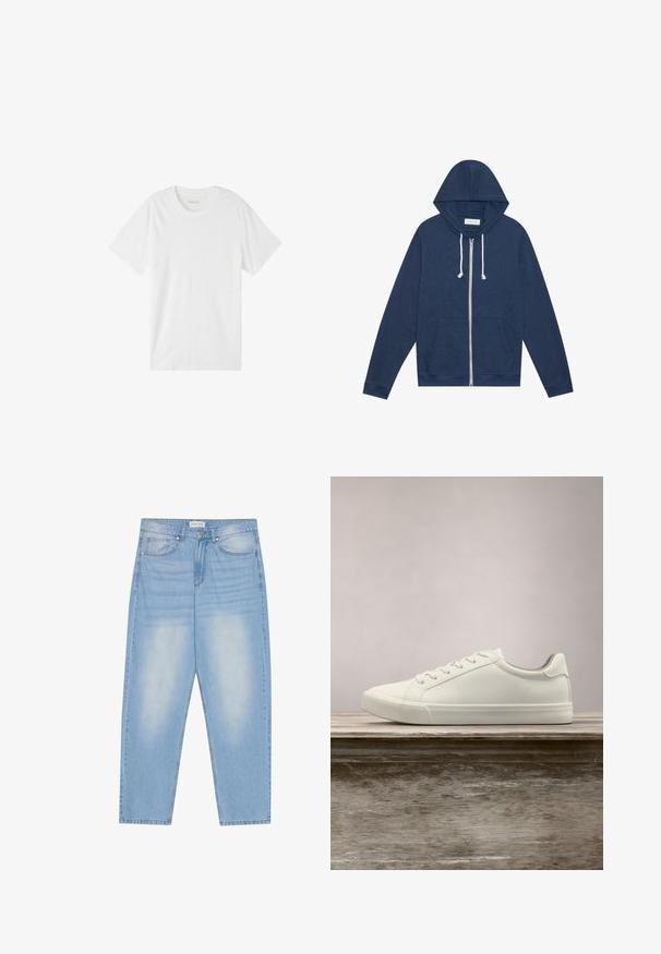 Sudadera de cremallera azul marino con cordones blancos, bolsillos frontales, mangas largas y una etiqueta "Pier One" en el cuello.; Camiseta blanca de manga corta hecha de algodón suave. Presenta un cuello redondo clásico y un diseño simple y sin costuras, sin patrones ni acentos.; Vaqueros de mezclilla azul claro con un corte relajado, que cuentan con cinco bolsillos, un ligero desgaste y costuras a lo largo de las costuras.; Zapatilla blanca con cordones flotando sobre un banco de madera con follaje verde al fondo, mostrando el diseño y la textura del zapato.
