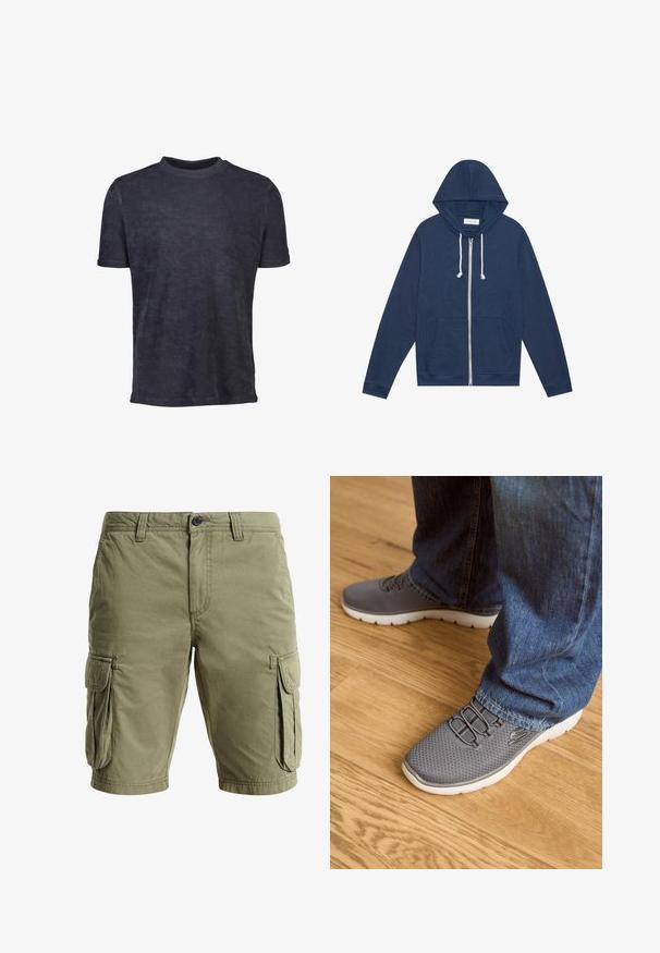 Mørkeblå zip-up hoodie med hvide snore, forlommer, lange ærmer, og et "Pier One"-mærke inde i kraven.; Mørkeblå kortærmet t-shirt lavet af blødt stof. Har en rund halsudskæring og en glat tekstur, med minimal pynt.; Oliven grønne cargo shorts lavet af letvægtsbomuld, med to sidelommer, en knappelukning og syet detaljer.; Grå løbesko med mesh-overdel, hvid sål og elastiske snørebånd. Parret med blå denimjeans, på et trægulv.