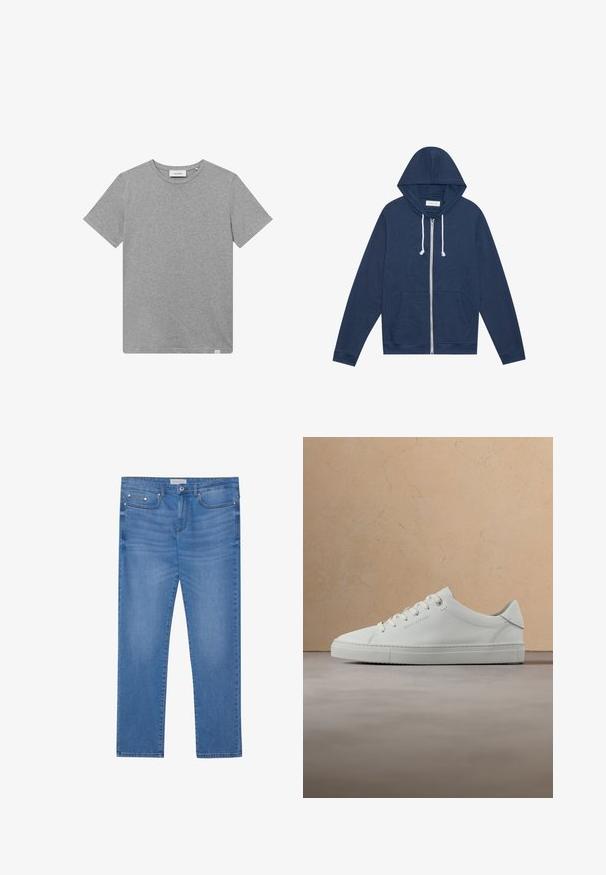 Sudadera de cremallera azul marino con cordones blancos, bolsillos frontales, mangas largas y una etiqueta "Pier One" en el cuello.; Camiseta gris de manga corta hecha de una mezcla de algodón. Presenta un cuello redondo y un pequeño detalle de logo en el lado izquierdo del frente.; Jeans de mezclilla azul claro con corte recto, diseño de cinco bolsillos, un ligero desgaste y detalles en metal en la cintura y los bolsillos.; Zapatilla baja de cuero blanco con cordones, suspendida en el aire sobre una alfombra beige texturizada, cerca de una mesa de café redonda de madera con libros.