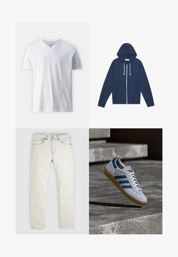 Marineblauwe ritshoodie met witte trekkoorden, voorzakken, lange mouwen en een "Pier One" label aan de binnenkant van de kraag.; Korte mouwen, V-hals witte T-shirt van katoen. Heeft een eenvoudig ontwerp met een gladde textuur en een relaxte pasvorm.; Lichtgekleurde spijkerbroek met rechte pijpen. Voorzien van vijf zakken, metalen knopen en subtiele vervaging langs de naden.; Lichtblauwe Adidas Spezial sneaker met marineblauwe strepen en rubberen zool, getoond in de lucht boven betonnen trappen in een neutrale buitenomgeving.