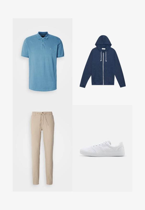 Marineblaue Zip-Hoodie mit weißen Kordeln, Fronttaschen, langen Ärmeln und einem "Pier One"-Etikett im Kragen.; Helles blaues Poloshirt aus Baumwolle, mit klassischem Kragen, Drei-Knopf-Leiste und kleinem gesticktem Logo auf der Brust.; Beige Leinenhose mit geradem Schnitt, elastischem Bund mit Kordelzug und zwei Seitentaschen. Glatte Textur und minimalistisches Design.; Weiße Leinenschuhe mit Gummisohle, ausgestattet mit sechs Ösen, einer strukturierten Zehenkappe und minimalistischer Gestaltung.