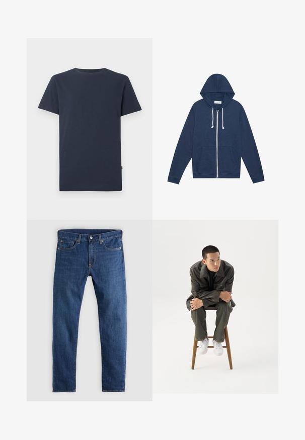 Marineblauwe ritshoodie met witte trekkoorden, voorzakken, lange mouwen en een "Pier One" label aan de binnenkant van de kraag.; Effen donker marineblauw T-shirt met korte mouwen en ronde hals, met een klein wit SELECTED-merklabel binnenin de kraag.; Donkerblauwe denim jeans met een recht model, vijf zakken, knoopsluiting en oranje stiksel details. Gladde textuur en klassieke pasvorm.; Jonge man in een donkere leren jas en spijkerbroek zit op een houten kruk, leunt naar voren met gekruiste armen en kijkt naar de zijkant tegen een witte achtergrond.