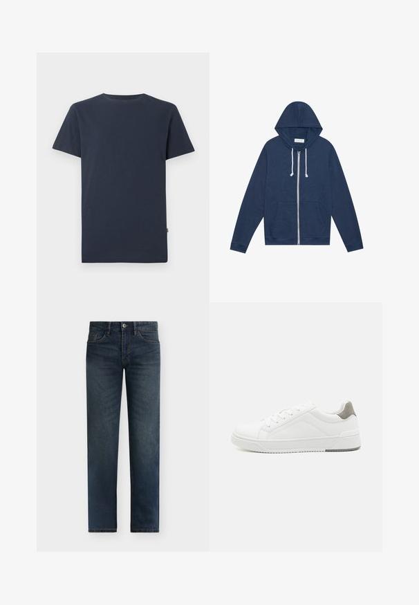 Marineblauwe ritshoodie met witte trekkoorden, voorzakken, lange mouwen en een "Pier One" label aan de binnenkant van de kraag.; Effen donker marineblauw T-shirt met korte mouwen en ronde hals, met een klein wit SELECTED-merklabel binnenin de kraag.; Donkerblauwe recht gesneden denim jeans met knoop- en ritssluiting, voor- en achterzakken, weergegeven op een witte achtergrond.; Witte sneaker van glad leer met een ronde neus, minimalistisch ontwerp, grijze hielaccent en een geplaatste rubberen zool.