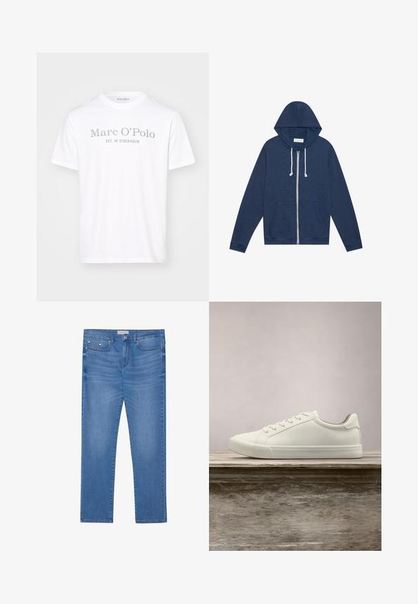 Marineblaue Zip-Hoodie mit weißen Kordeln, Fronttaschen, langen Ärmeln und einem "Pier One"-Etikett im Kragen.; Weißes Baumwoll-T-Shirt mit rundem Halsausschnitt, kurzen Ärmeln und grauem Drucktext, der "Marc O’Polo EST. IN STOCKHOLM." lautet.; Hellblaue Denim-Jeans mit geradem Bein, Fünf-Taschen-Design, subtilen Verwaschungen und metallischen Akzenten an der Taille und den Taschen.; Weiße Schnürsneaker, die über einer Holzbank mit grünem Laub im Hintergrund schweben und das Schuhdesign sowie die Textur zeigen.