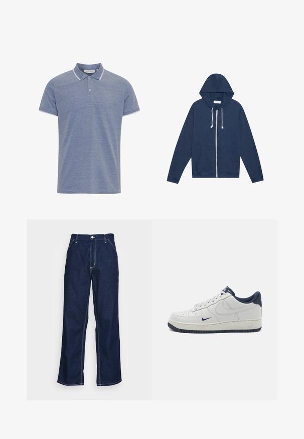 Marineblauwe ritshoodie met witte trekkoorden, voorzakken, lange mouwen en een "Pier One" label aan de binnenkant van de kraag.; Lichtblauw polo shirt van textuurstof, met een gebuttonneerde kraag, contrasterende witte bies op de kraag en mouwen, en een klein logo.; Donkerblauwe denim broeken met wijde pijpen, met een hoge taille, voorzakken en contrasterende witte stiksels langs de naden.; Witte leren Nike Air Force 1 sneakers met marineblauwe accenten, geperforeerde neus, platte veters en een getextureerde rubberen zool.