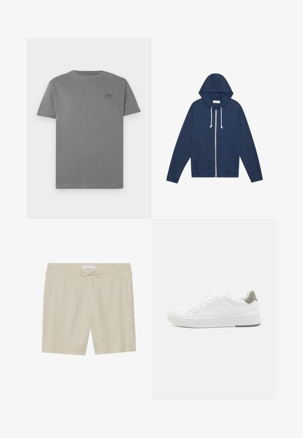 Mørkeblå zip-up hoodie med hvide snore, forlommer, lange ærmer, og et "Pier One"-mærke inde i kraven.; Grå bomulds T-shirt med rund hals og korte ærmer. Har et lille sort logo på venstre brystområde. Glat tekstur.; Kaki-farvede shorts lavet af blød tekstil, med snoretræk i taljen, to sidelommer og en afslappet pasform.; Hvid sneaker lavet af glat læder, rund tå, minimalistisk design, grå hælafsats og tekstureret gummisål.