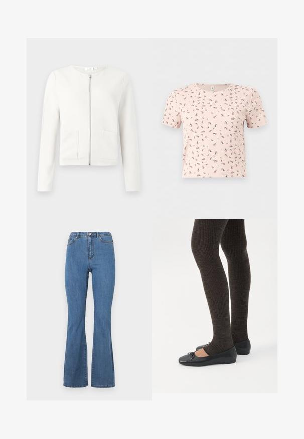 Hvid lynlåstrøje med lange ærmer, to frontlommer, tekstureret stof og rund halsudskæring. Minimalistisk design uden mønstre.; Lyserød kortærmet ribbet crop top med lille spredt mørk pink blomsterprint og rund halsudskæring.; Blå bootcut jeans lavet af denim, med høj talje, kontrasterende syninger og en enkelt knaplukning foran.; Ben iført mørke ribbede leggings kombineret med sorte balletsko med små sløjfedetaljer på hvid baggrund.