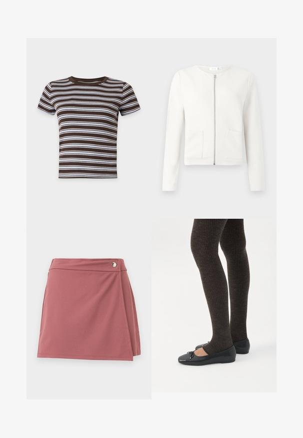 Veste blanche à fermeture éclair avec manches longues, dotée de deux poches avant, tissu texturé, et col rond. Design minimaliste sans motifs.; T-shirt court à manches courtes rayé horizontalement marron et blanc avec un col rond sur fond uni.; Jupe portefeuille courte en rose poussiéreux avec un petit bouton argenté près de la ceinture sur un fond clair uni.; Jambes portant des leggings côtelés foncés associés à des ballerines noires avec de petits détails en nœud sur fond blanc.