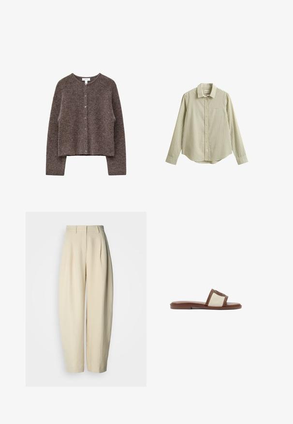 Brun cropped cardigan lavet af blødt materiale, med rund halsudskæring og seks knap lukning foran. Tekstureret finish, afslappet pasform.; Beige og hvid langærmet skjorte med lodrette striber, knapper foran, krave og lille broderet logo på venstre bryst.; Beige plisserede bukser med høj talje, brede ben og en glat tekstur. Designet med forlommer og en skræddersyet pasform.; Brune læderslidesandal med en beige vævet overdel, flad sål og rund tå. Designet inkluderer en logoakcent på remmen.