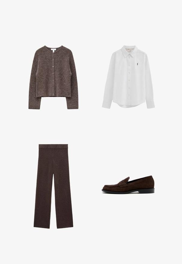 Brun cropped cardigan lavet af blødt materiale, med rund halsudskæring og seks knap lukning foran. Tekstureret finish, afslappet pasform.; Hvid langærmet skjorte med knapper, krave og lille sort broderet polo-spillerlogo på venstre bryst.; Brune bred benbukser lavet af blødt stof, med en elastisk talje og uden fremtrædende mønstre eller detaljer.; Mørkebrun herre loafer i ruskind med lav hæl og mokkasinsøm, vist fra siden på hvid baggrund.