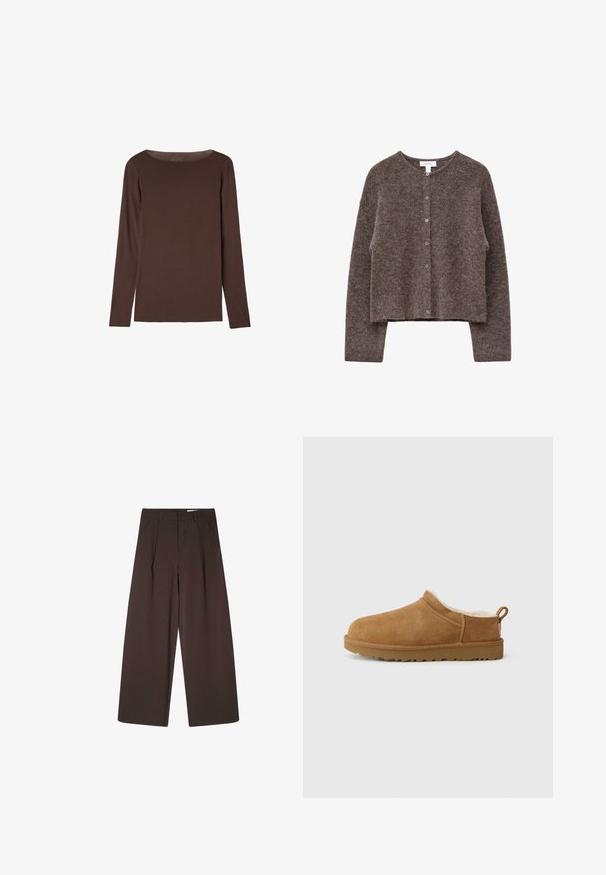 Cardigan court marron en matériau doux, avec un col rond et une fermeture à six boutons à l'avant. Finition texturée, coupe décontractée.; Chemise marron à manches longues avec un col rond, au design simple et ajusté, sans motifs ni logos visibles.; Pantalon large marron à fines rayures verticales, avec une taille haute, un devant plissé, et une texture lisse. Aucun système de fermeture ni poche visible.; Chaussure mocassin en suède marron avec une douillette doublure en fourrure blanche, semelle plate en caoutchouc, bout arrondi et petite languette au talon.