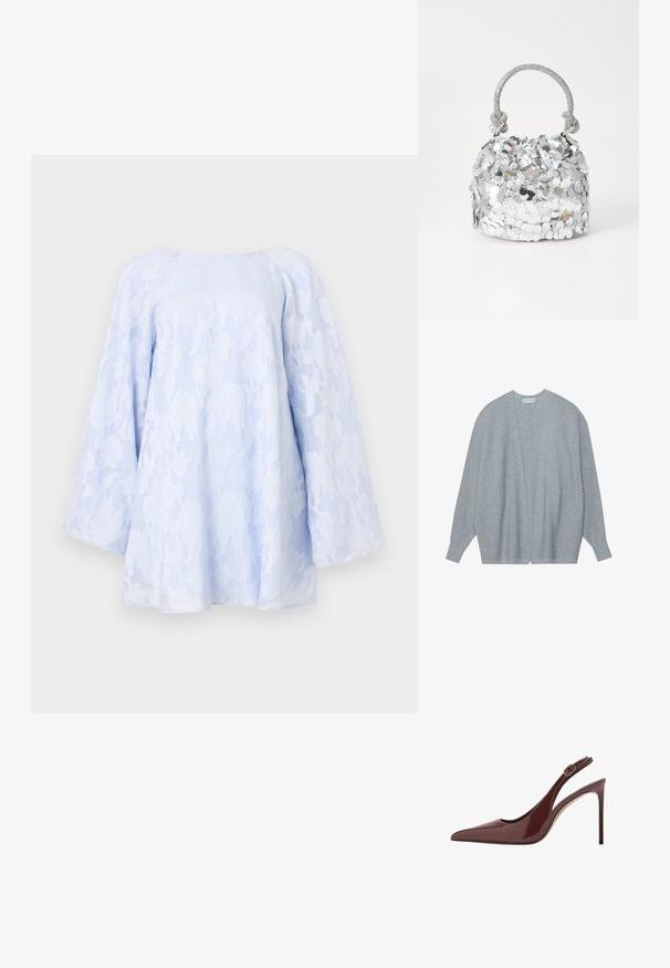 Lys grå cardi med blødt stof, der har åben front, lange ærmer og en afslappet pasform med subtil ribbet tekstur.; Lyseblå bluse med blomstret blondeoverlag, lange ærmer og en afslappet pasform. Har en rund halsudskæring og en struktureret overflade.; Mørkebrune patentlæder slingback højhælede sko med spids tå, justerbar spænde og slank stiletthæl.; Rund sølvfarvet håndtaske dækket af refleksive palietter, med et fletnet håndtag og et lille logo på fronten. Generelt glat tekstur.