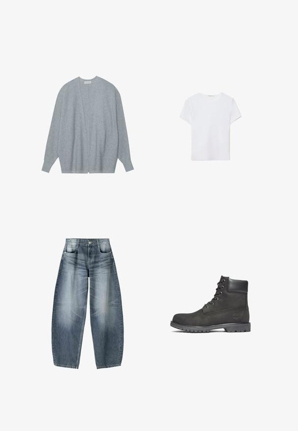 Lys grå cardi med blødt stof, der har åben front, lange ærmer og en afslappet pasform med subtil ribbet tekstur.; Hvid kortærmet t-shirt lavet af blødt stof. Har en rund halsudskæring og et simpelt, rent design med en lige underkant.; Bredde jeans lavet af lyseblå denim med falmning, der har et fem-lomme design, knaplukning og minimale syninger.; Sorte læder ankelstøvler med rund tå, snørelukning foran, polstret krave og mønstret gummisål. Har et logo præget på siden.