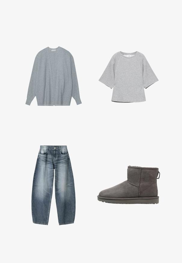 Lichtgrijze cardigan van zacht materiaal, met een open voorkant, lange mouwen en een relaxte pasvorm met subtiele ribbelstructuur.; Lichtgrijs sweatshirt met korte mouwen, wijde mouwen en een ronde hals, plat uitgestald op een witte achtergrond.; Wijd gesneden jeans van lichtblauwe denim met vervaging, met een vijf-pocket ontwerp, knoopsluiting en minimale stikdetails.; Grijze suede enkellaars met een ronde neus, een voering van schapenvacht en een platte rubberen zool. Kenmerkt zich door een logo-tag en gestikte naden.