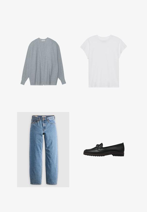 Lys grå cardi med blødt stof, der har åben front, lange ærmer og en afslappet pasform med subtil ribbet tekstur.; Hvid kortærmet t-shirt med rund hals, afslappet pasform, lavet af blødt bomuldsstof. Glat tekstur, ingen mønstre eller logoer.; Lysblå denim jeans med lige ben-design, fem lommer, lynlås og en subtil falmet tekstur. Klassisk stil med minimal hardware.; Sorte læder loafers med en fletdetalje foran, flad gummisål og syede detaljer langs kanten.