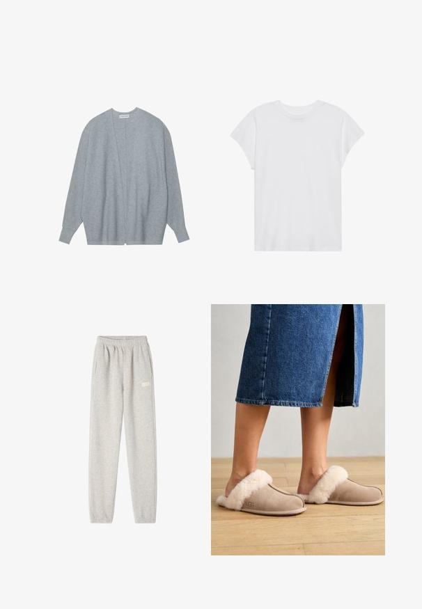 Lichtgrijze cardigan van zacht materiaal, met een open voorkant, lange mouwen en een relaxte pasvorm met subtiele ribbelstructuur.; Witte t-shirt met korte mouwen, ronde hals, relaxte pasvorm, gemaakt van zacht katoen. Glad textuur, geen patronen of logo's.; Grijze sweatpants van een zachte katoenmix, met een elastische tailleband, zijzakken en een klein logo op de linker bovenbeen.; UGG SCUFFETTE II - Pantoffels - sand