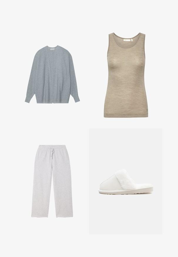 Lys grå cardi med blødt stof, der har åben front, lange ærmer og en afslappet pasform med subtil ribbet tekstur.; Beige ærmeløs tanktop lavet af blød, tekstureret stof, med en rund halsudskæring og et let figursyet design med minimale syningdetaljer.; Lysegrå brede joggingbukser med elastik i taljen og snøre, samt lommer på begge sider.; Hvid tøffel med en blød imitation pels-strop, filt overdel, polstret sål og en struktureret gummibund for godt greb. Enkel, afrundet design.