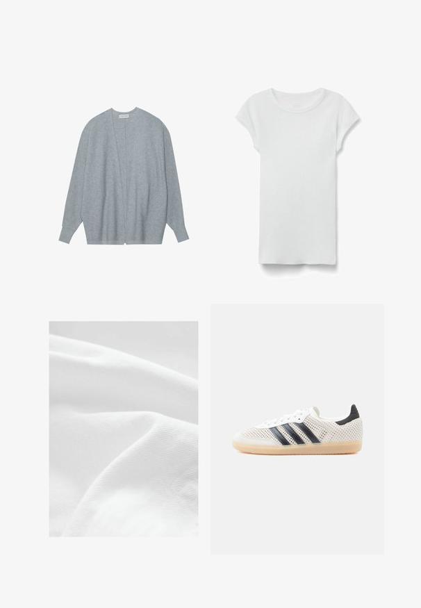 Lys grå cardi med blødt stof, der har åben front, lange ærmer og en afslappet pasform med subtil ribbet tekstur.; Hvid kortærmet ribbet T-shirt med rund hals, lagt fladt på hvid baggrund, viser forsiden og simpel afslappet stil.; Hvidt stof med en glat, tekstureret overflade, der har subtile variationer i nuance og lys, hvilket skaber bløde folder og bølger.; Hvide mesh-sneakers med sort tre-stribet design, rundet tå og gummisål. Har blød hælkant og snørelukning.