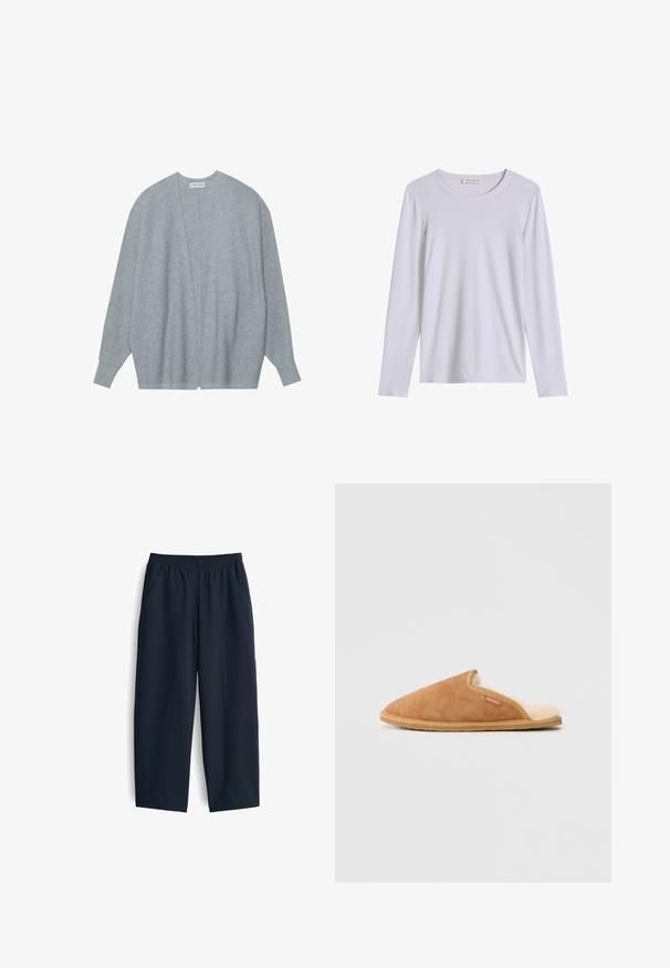Lichtgrijze cardigan van zacht materiaal, met een open voorkant, lange mouwen en een relaxte pasvorm met subtiele ribbelstructuur.; Wit, geribbeld, langarm shirt met ronde hals, plat neergelegd en voorzien van een klein merkembleem aan de binnenkant van de kraag.; Navy blauwe broek van gladde stof, met een elastische tailleband, twee zijzakken en een relaxte pasvorm met rechte pijpen.; Bruine suède pantoffel met een zachte, crème-kleurige fleece voering en een tan rubberen zool. Beschikt over een ronde neus en een zijuitsnijding.