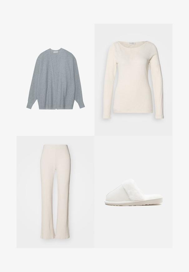 Hellgrauer Cardigan aus weichem Stoff, mit offenem Vorderteil, langen Ärmeln und legerer Passform sowie subtiler Rippstruktur.; Langärmliges, Rundhalsoberteil in Off-White, aus einem weichen, leichten Stoff mit glatter Textur und minimalistischem Design.; Cremfarbene Rippstrickhosen mit einem ausgestellten Bein-Design, versehen mit einem hohen Taillenbund und glatter Textur. Der Stoff wirkt dehnbar und weich.; Weißer Hausschuh mit einem weichen Kunstfellband, Filzoberteil, gepolsterter Sohle und einer strukturierten Gummisohle für rutschfesten Halt. Einfaches, rundes Design.
