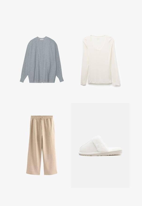 Hellgrauer Cardigan aus weichem Stoff, mit offenem Vorderteil, langen Ärmeln und legerer Passform sowie subtiler Rippstruktur.; Langärmliges weißes V-Neck-Shirt, Slim Fit, flach auf weißem Hintergrund liegend.; Beige weite Hosen aus weichem Stoff, mit einem elastischen Bund und Kordelzug, sowie einer subtilen gesprenkelten Textur.; Weißer Hausschuh mit einem weichen Kunstfellband, Filzoberteil, gepolsterter Sohle und einer strukturierten Gummisohle für rutschfesten Halt. Einfaches, rundes Design.