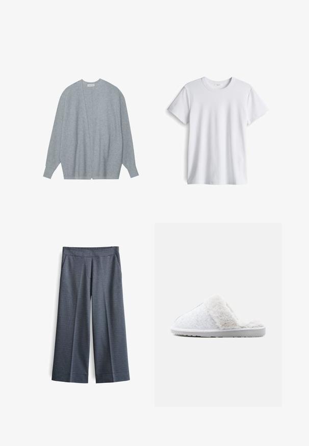 Lichtgrijze cardigan van zacht materiaal, met een open voorkant, lange mouwen en een relaxte pasvorm met subtiele ribbelstructuur.; Witte katoenen t-shirt met een ronde halslijn en korte mouwen. Zachte textuur, rechte snit, geen zichtbare logo's of patronen.; Wijde broek in donkergrijze stof. Voorzien van een elastische tailleband, twee voorkantzakken en een gladde textuur met een subtiel patroon.; Grijze gevoerde slipper met een fluffy witte bontvoering en een witte rubberen zool. Open achterkant, gladde textuur en minimalistisch ontwerp.