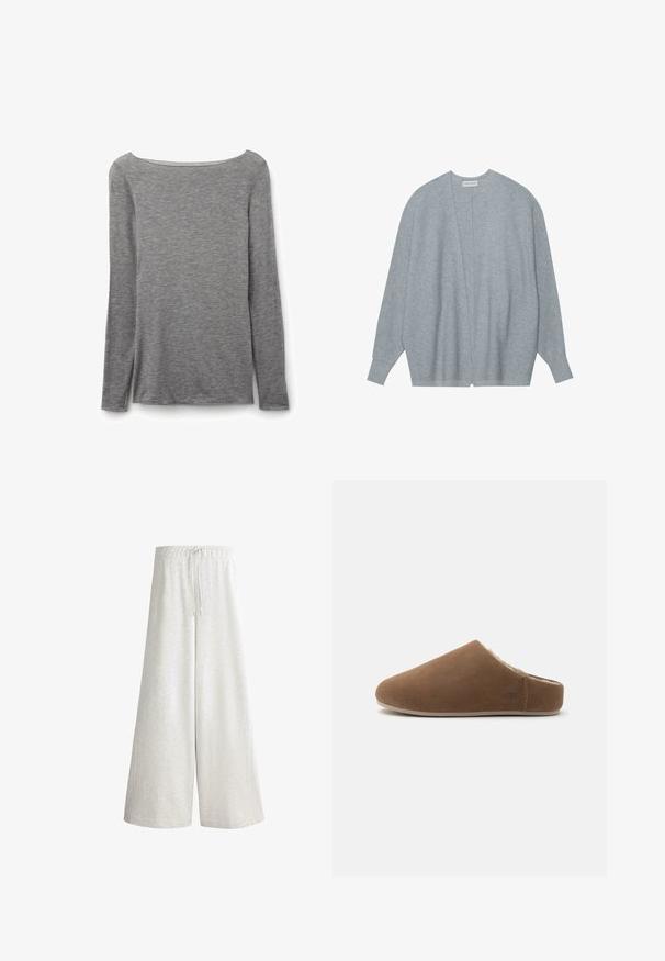 Lichtgrijze cardigan van zacht materiaal, met een open voorkant, lange mouwen en een relaxte pasvorm met subtiele ribbelstructuur.; Grijze nauwsluitende top met lange mouwen en een brede boothals, gemaakt van zachte, lichte gebreide stof.; Lichtgrijze broek met wijde pijpen, elastische tailleband en trekkoord, gemaakt van zacht stof geschikt voor casual draagcomfort.; Bruine suède instappersloffen met een zachte schapenvachtvoering en een platte zool, ontworpen voor comfort binnenshuis.