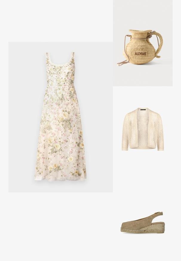 Beiger Häkel-Strickjacke mit offenem Vorderteil, dreiviertellangen Ärmeln und gerippten Kanten, leichtes und halbtransparentes Strickdesign.; Needle & Thread FLORINE SCOOP NECK BALLERINA DRESS - Ballkleid - cream; Castañer DOSALIA - Espadrille - sand; Runde, geflochtene Strohtasche mit Kordelgriff und dem Schriftzug "ALEMAIS" auf der Seite, in braunem Garn gestickt.