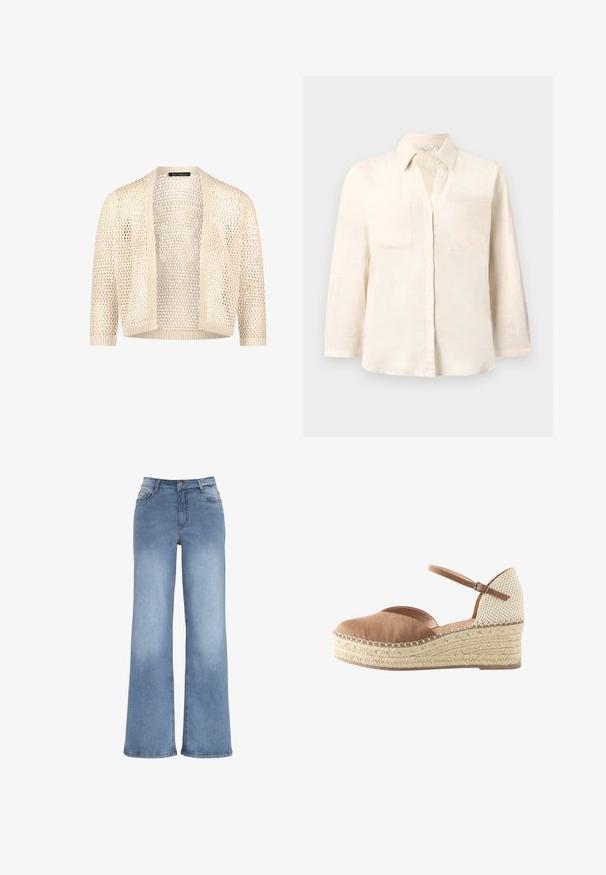 Beige hæklecardigan med åben front, trekvartlange ærmer og ribbet kanter, let og let gennemsigtigt strikket design.; Lys beige linned skjorte med krave, fem knaplukninger og to forlommer. Har lange ærmer og en afslappet pasform.; Lyseblå vidde jeans lavet af denim. Har en knaplukning, fem lommer og syninger i kontrast. Glat overflade med en let falma.; Kile espadrillesko med brun ruskind foran, beige flettet hæl, flet platform af jute og justerbar ankelrem med spænde.