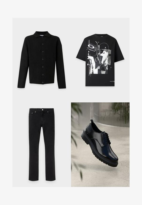 Cardigan noir à manches longues avec boutons, col, poignets et ourlet côtelés, présenté sur un fond gris clair.; T-shirt noir à manches courtes avec un design graphique abstrait blanc comprenant des formes géométriques et des motifs texturés à l'avant.; Jeans noirs à jambes droites avec cinq poches et des détails délicatement usés sur un fond clair uni.; Chaussure en cuir noir avec une finition brillante, bout rond, design à lacets, surpiqûres contrastantes, et semelle épaisse en caoutchouc avec motifs de relief.