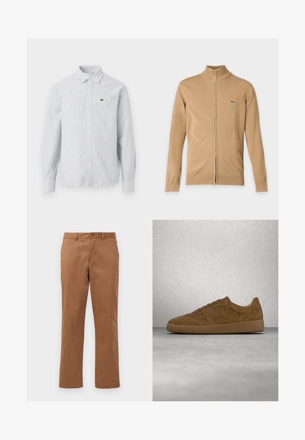 Jersey beige de manga larga con cremallera, puños y bajo acanalados, cuello alto y pequeño logo de cocodrilo verde en el pecho izquierdo.; Camisa de botones a rayas en azul claro y blanco. Tela de algodón, de mangas largas, con cuello puntiagudo, que presenta un pequeño logo verde en el bolsillo del pecho.; Pantalones de algodón marrones con un diseño de pierna recta, que cuentan con un cierre de botón y bolsillos frontales. Textura suave y acabado limpio.; Zapatilla deportiva de ante marrón con cordones color beige y suela de goma. Presenta una puntera redondeada y detalles cosidos en la parte superior. Diseño ligero.