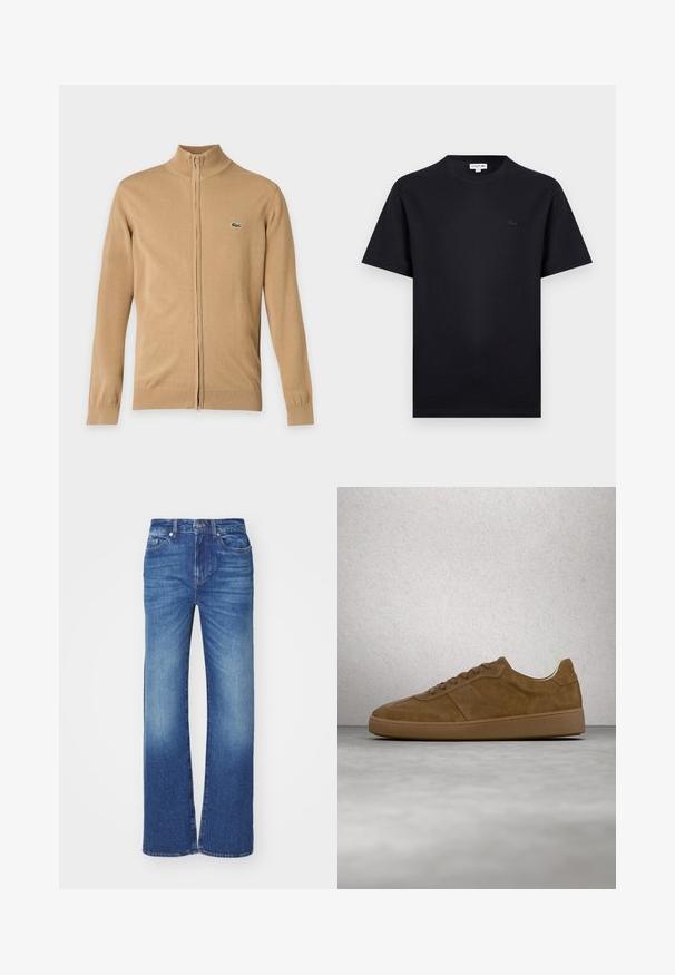 Beige lange mouwen sweater met rits, met geribde manchetten en zoom, opstaande kraag en klein groen krokodillenlogo op de linkerborst.; Zwart T-shirt met korte mouwen en ronde hals, met een klein ton-sur-ton krokodillenlogo op de linkerkant van de borst.; Blauwe denim jeans met een rechte pijpdesign, voorzien van een vervaagd effect, vijf zakken en een knoop- en ritssluiting bij de taille.; Bruine suède sneaker met beige veters en rubberen zool. Heeft een afgeronde neus en gestikte details op het bovenwerk. Lichtgewicht ontwerp.