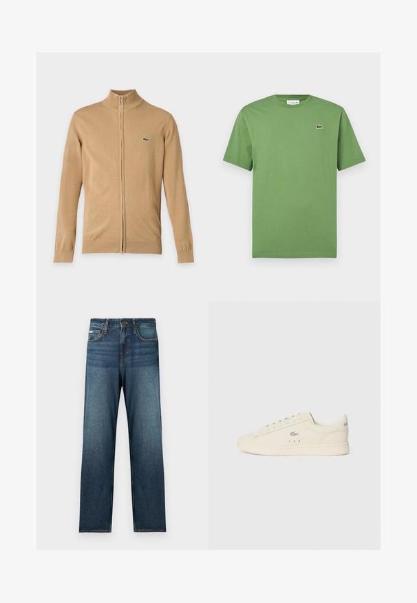 Jersey beige de manga larga con cremallera, puños y bajo acanalados, cuello alto y pequeño logo de cocodrilo verde en el pecho izquierdo.; Camiseta verde de manga corta con cuello redondo y un pequeño logo de cocodrilo bordado de Lacoste en el pecho izquierdo.; Jeans azul oscuro con corte recto, diseño de cinco bolsillos y un desgaste sutil. Fabricados con tela vaquera y detalles clásicos de costura.; Zapatilla color crema con textura suave, forma redondeada, diseño de cordones, perforaciones sutiles y un logo plateado en el lateral.