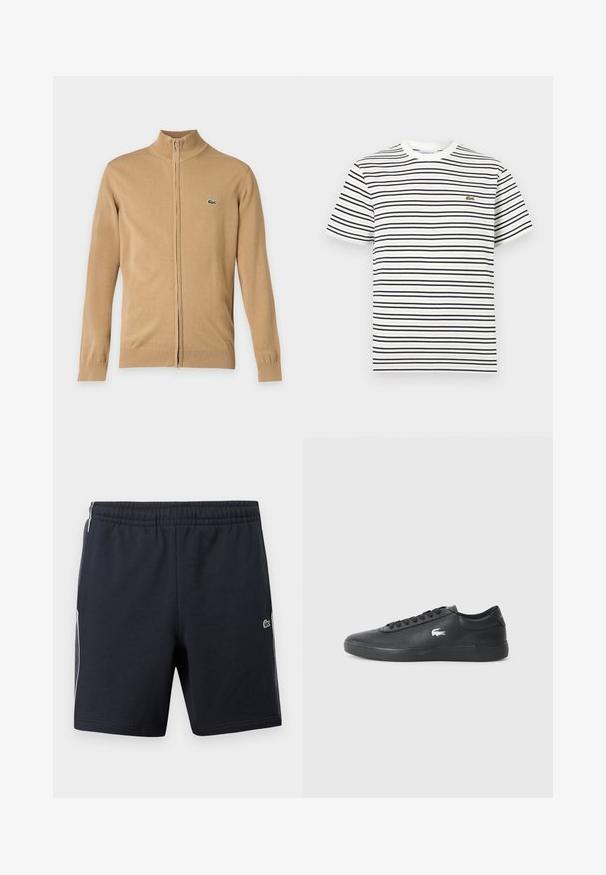 Pull beige à manches longues zippé avec poignets et ourlet côtelés, col montant et petit logo crocodile vert sur la poitrine gauche.; T-shirt blanc à manches courtes avec des rayures horizontales noires et un petit logo de crocodile vert sur le côté gauche de la poitrine.; Shorts de sport noirs avec une taille élastique, des bandes blanches sur les côtés et un petit logo de crocodile vert sur la jambe droite.; Sneaker en cuir noir avec bout arrondi, semelle plate et logo blanc sur le côté. Présente des lacets noirs et une finition lisse et mate.