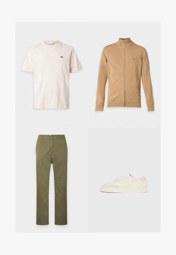 Pull beige à manches longues zippé avec poignets et ourlet côtelés, col montant et petit logo crocodile vert sur la poitrine gauche.; T-shirt uni beige clair à manches courtes avec col rond et petit logo crocodile vert sur la poitrine gauche.; Pantalon en coton léger de couleur vert olive avec une taille élastiquée, une fermeture à boutons, et une coupe droite. Pas de motifs ou accents visibles.; Baskets en daim blanc à finition lisse, embout rond, design lacé plat, avec des accents texturés contrastants. Comprend un détail de logo subtil.