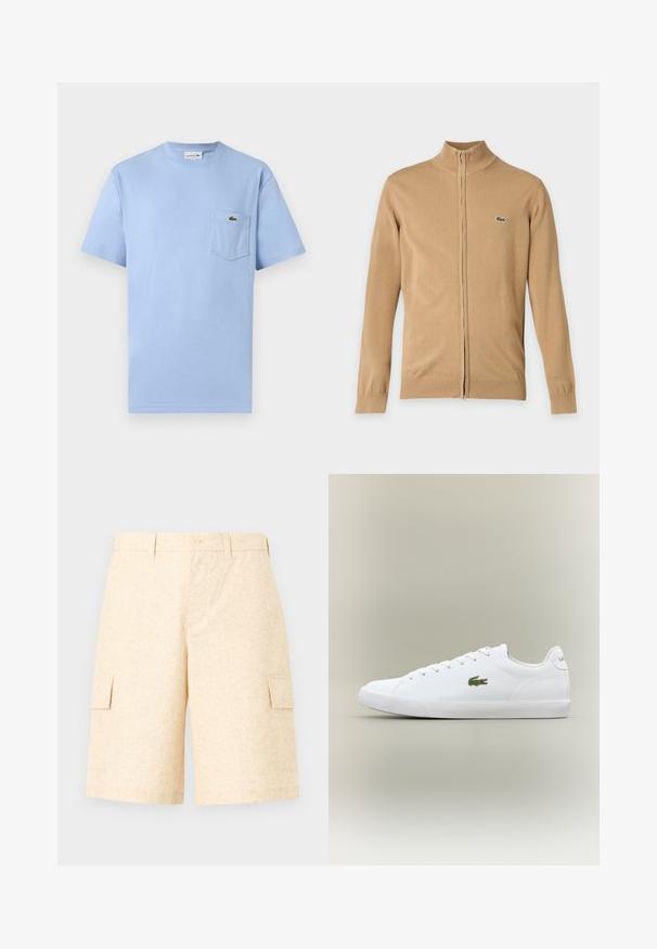 Pull beige à manches longues zippé avec poignets et ourlet côtelés, col montant et petit logo crocodile vert sur la poitrine gauche.; T-shirt bleu clair à manches courtes avec une poche avant ornée d'un petit logo crocodile vert Lacoste.; Shorts cargo beige clair en tissu texturé, avec deux poches latérales, une fermeture à bouton et une coupe décontractée.; Baskets blanches en cuir avec une semelle en caoutchouc texturé, arborant un logo crocodile brodé vert sur le côté et un branding minimal.