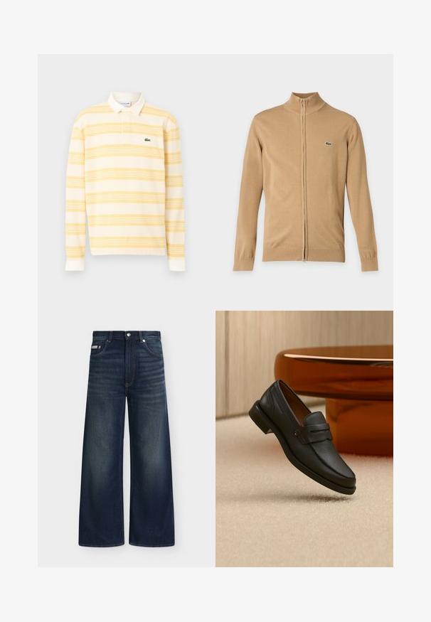 Pull beige à manches longues zippé avec poignets et ourlet côtelés, col montant et petit logo crocodile vert sur la poitrine gauche.; Polo à manches longues rayé jaune et blanc avec un col blanc et un petit logo crocodile vert sur la poitrine.; Jean en denim bleu foncé à jambes larges avec poches avant, passants de ceinture, fermeture par boutons et légère décoloration sur les cuisses et les genoux.; Mocassin homme en cuir noir avec une bande sur le dessus, présenté sur un tapis beige près d'une table ronde moderne marron.