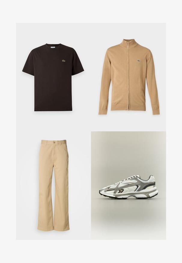 Jersey beige de manga larga con cremallera, puños y bajo acanalados, cuello alto y pequeño logo de cocodrilo verde en el pecho izquierdo.; Camiseta de algodón de manga corta en color marrón. Presenta un discreto logo de cocodrilo bordado en verde en el lado izquierdo del pecho. Diseño clásico de cuello redondo.; Pantalones beige de pierna ancha, hechos de una mezcla de algodón. Presentan un cierre de botón y trabillas para cinturón. Textura suave, con detalles de costura mínimos.; Zapatilla deportiva con una parte superior de malla blanca, acentos grises, suela de goma negra y un diseño aerodinámico. Presenta cordones y detalles texturizados.