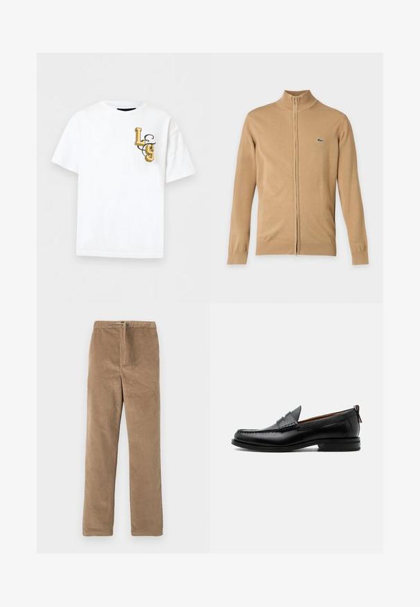 Pull beige à manches longues zippé avec poignets et ourlet côtelés, col montant et petit logo crocodile vert sur la poitrine gauche.; T-shirt blanc à manches courtes avec des lettres jaunes en style 3D "L" et "S" et un motif tourbillonnant noir sur la zone gauche de la poitrine.; Pantalons en velours côtelé marron avec taille élastique et cordon de serrage à l'avant, coupe droite, présentés sur fond blanc.; Mocassin homme en cuir noir avec couture moc toe, bride penny, col texturé et petit talon empilé sur fond blanc.