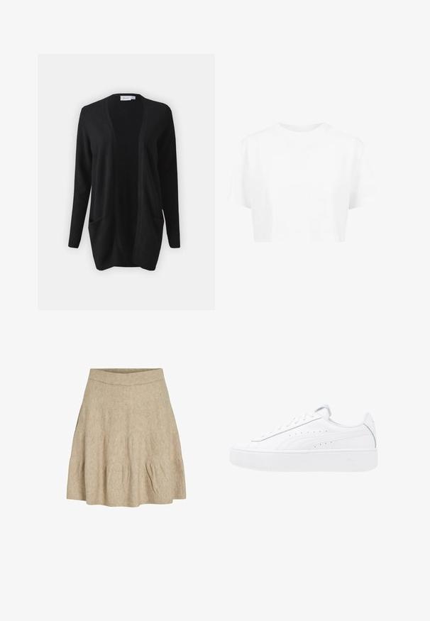 Cárdigan negro de corte relajado, con apertura frontal, mangas largas, dos bolsillos delanteros y puños acanalados. Textura suave, diseño minimalista.; Camiseta blanca corta, de mangas cortas, con cuello redondo, hecha de una tela suave, sin patrones visibles ni herrajes distintivos.; Una falda corta beige hecha de una tela suave y texturizada, con una cinturilla acanalada y un ligero plisado cerca del dobladillo.; Zapatillas de plataforma blancas con parte superior de cuero, puntera redonda y cierre de cordones. Presenta perforaciones laterales y un sutil logotipo en el talón.