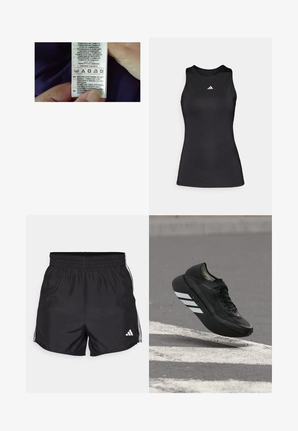 Hand die een wit kledingwaslabel vasthoudt met wasymbolen en instructies in meerdere talen op een donkere stofachtergrond.; Zwart mouwloos sporttop gemaakt van gladde stof. Heeft een ronde halslijn en een klein wit Adidas-logo op de borst.; Zwarte sportshorts met een elastische tailleband, zijsplitten en witte drievoudige strepenaccenten. Bevat een klein wit logo op de rechteronderkant.; Zwarte hardloopschoen met witte strepen op de zool, zwevend boven asfalt met witte wegmarkeringen, waarbij kleine stukjes omhoog worden gestoten.