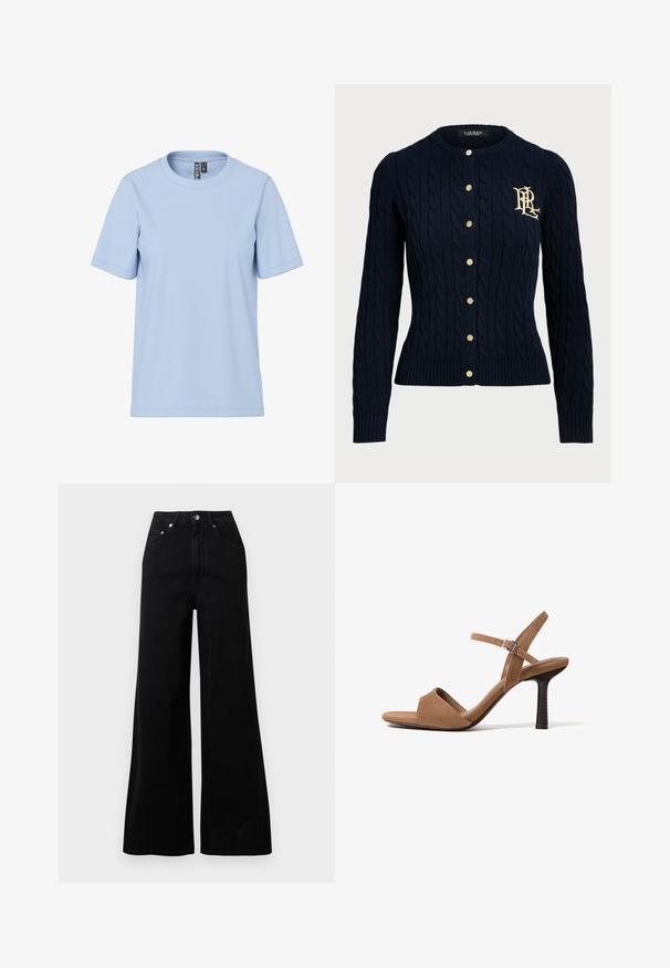 Marineblå kabelstrikket cardigan med guldknapper og ribbet kant. Har et broderet logo i cremefarve på venstre bryst. Blød tekstur.; Lyseblå t-shirt med korte ærmer lavet af blødt stof, med en klassisk rund halsudskæring og uden synlige mønstre eller detaljer.; Sorte jeans med vide ben lavet af denim, med høj talje, fem lommer, knaplukning foran og minimal syning.; Brun ruskinds højlæder sandal med åben tå, justerbar ankelrem og slank, mørk stablet hæl på ensartet hvid baggrund.