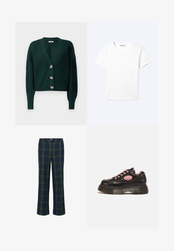 Gilet en maille épaisse vert foncé avec manches longues, col en V profond, poignets et ourlet côtelés, et trois gros boutons ronds sur le devant.; T-shirt blanc uni à manches courtes et col rond avec une petite étiquette "WEEKDAY" à l'intérieur de l'encolure, présenté à plat sur un fond clair.; Pantalons à carreaux verts et bleu marine avec une coupe droite et une taille élastique. Le tissu a une texture douce, avec un motif à carreaux classique.; Baskets à plateforme noires avec lacets roses, coutures roses, clous en forme d'étoile et de cœur, et un patch logo ovale rose sur le côté.