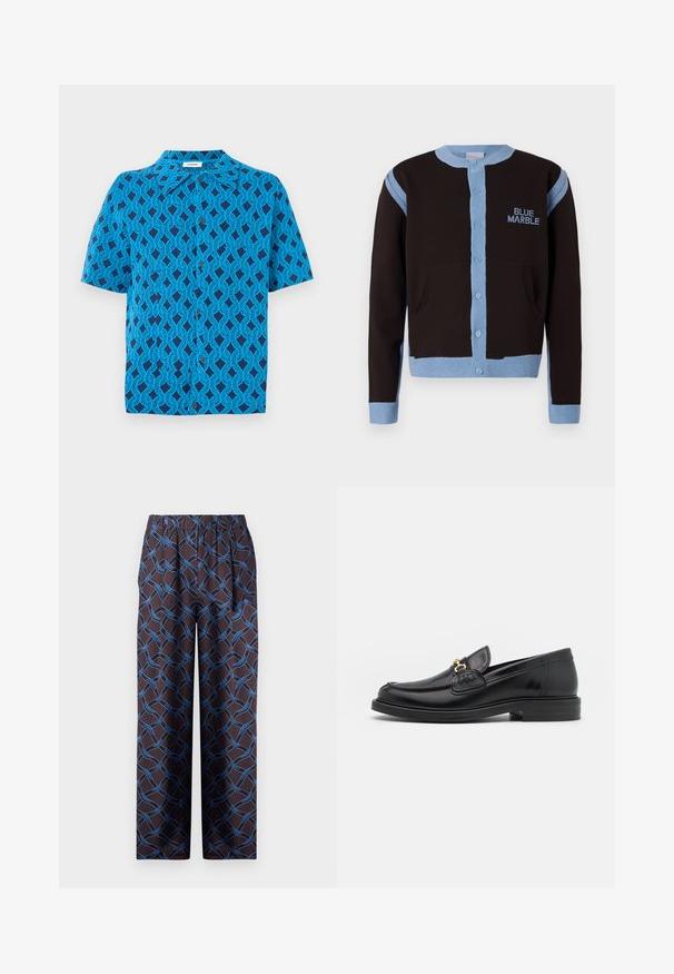 Schwarze Strickjacke mit hellblauen Akzenten, mit Knopfleiste und Taschen. Das "BLUE MARBLE" Logo ist in Blau auf der Brust gestickt.; Kurzarmhemd aus blauer Stoff mit einem geometrischen Muster aus ineinander verschlungenen Linien, mit einem Kragen und einer Druckknopfleiste auf der Vorderseite.; Weite Hosen aus dunklem Stoff mit einem gewebten blauen Muster. Der elastische Bund sorgt für Komfort. Glatte Textur mit geometrischen Akzenten.; Schwarze Lederleter mit einer abgerundeten Zehenpartie, ausgestattet mit goldenen Hardwareakzenten und Stichdetails, auf einer niedrigen, strukturierten Gummisohle.