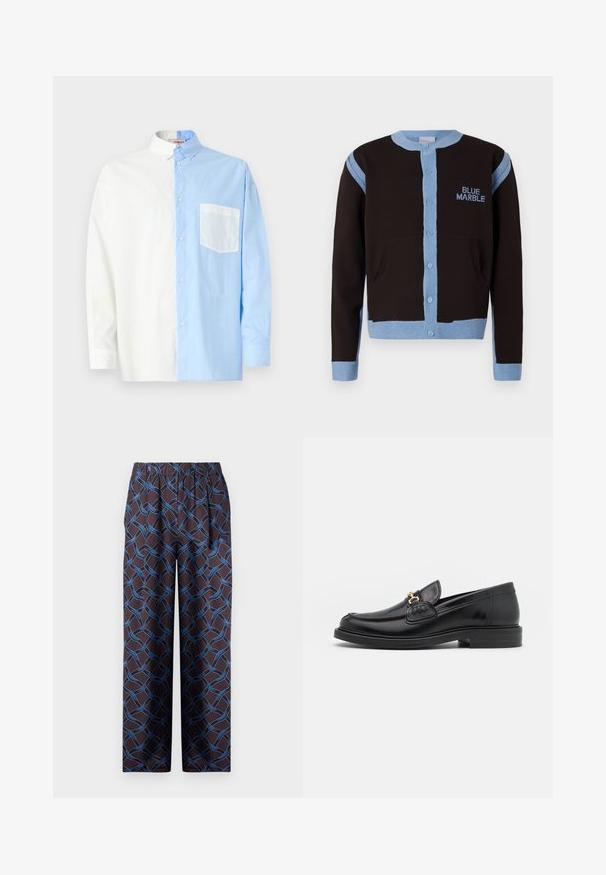 Sort cardigan med lyseblå detaljer, med knaplukning og lommer. "BLUE MARBLE" logoet er broderet i blåt på brystet.; Skjorte med knaplukning i halv hvid, halv lyseblå farveskema. Lavet af bomuld med en lomme på den lyseblå side.; Bredde bukser i mørkt stof med et vævet blåt mønster. Elastisk talje sikrer komfort. Glat tekstur med geometriske accenter.; Sorte læder loafers med en rund tå, der har guld hardware accent og syningsdetaljer, placeret på en lav, tekstureret gummisål.