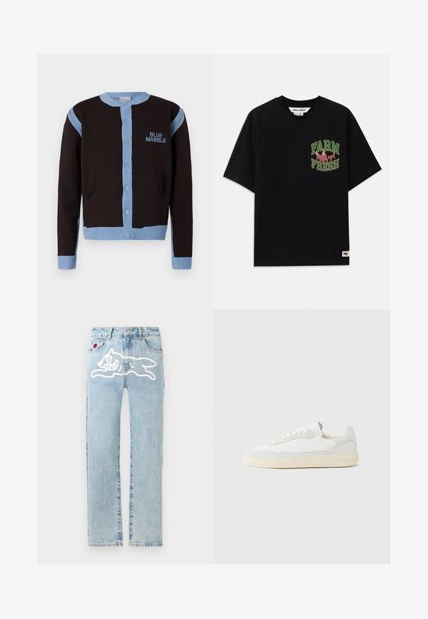 Sort cardigan med lyseblå detaljer, med knaplukning og lommer. "BLUE MARBLE" logoet er broderet i blåt på brystet.; Sort bomulds t-shirt med et grafisk print i grøn og pink tekst, der siger "FARM FRESH", med en løs pasform og korte ærmer.; Icecream RUNNING DOG PANT - Jeans Straight Leg - heavy wash blue; Hvid sneakers med en øvre del i tekstureret ruskind og læder. Har rundet tå, snørelukning og kontrasterende beige gummisål.