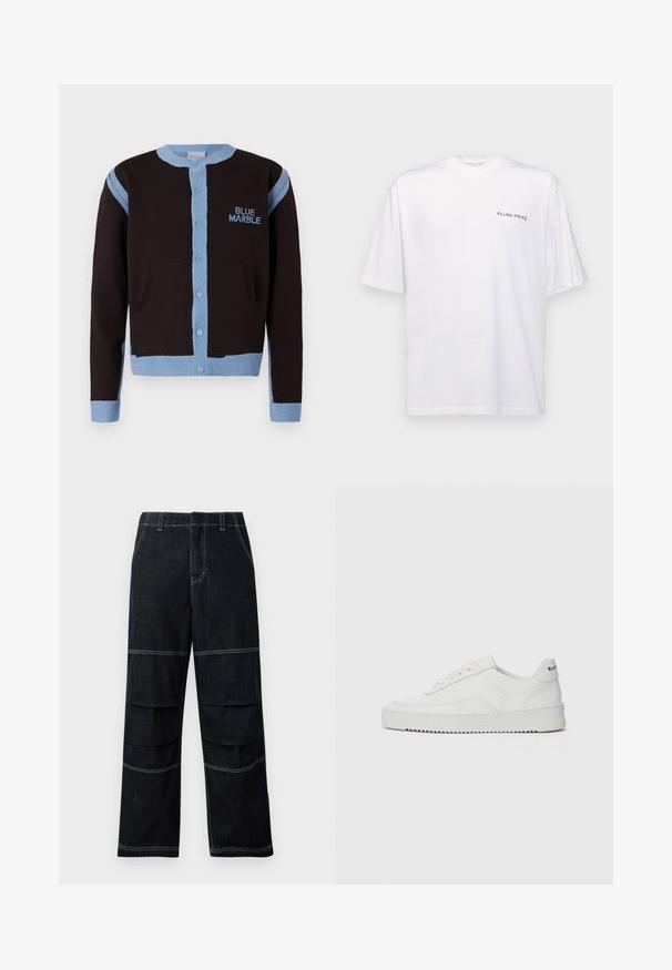 Zwarte cardigan met lichtblauwe accenten, voorzien van een knopenaanpassing en zakken. Het "BLUE MARBLE" logo is in het blauw op de borst geborduurd.; Witte katoenen T-shirt met korte mouwen en een V-hals, voorzien van een zwart "FILLING PIECES" logo dat aan de linkerkant is gedrukt.; Donker denim wijduitlopende broeken met een hoge taille, voorzien van contrasterende stiksels en gelaagde zakken over de dijen.; Witte leren sneaker met een gladde afwerking, ronde neus, platte veters en een gestructureerde zool. Kenmerkt zich door een subtiel logo op de hiel.