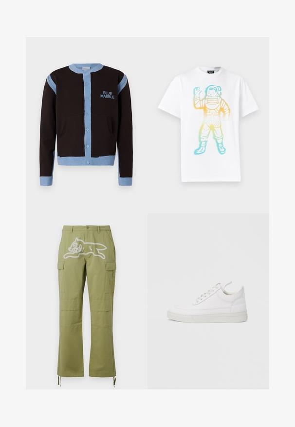 Sort cardigan med lyseblå detaljer, med knaplukning og lommer. "BLUE MARBLE" logoet er broderet i blåt på brystet.; Hvid t-shirt med et farverigt, stribet motiv af en vinkende astronaut i rumdragt centralt på forsiden.; Icecream RUNNING DOG PANTS - Cargobukser - green; Hvid lædersneaker med rundet tå, flad sål og snørebånd foran. Har syningsdetaljer og polstret krave for komfort.