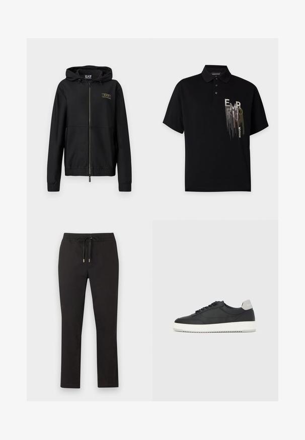 Veste noire à fermeture éclair avec tissu texturé, capuche attachée, poignets élastiques et taille élastique. Détail logo doré sur la poitrine.; Polo noir à manches courtes avec trois boutons et un logo vertical déformé "EMPORIO ARMANI" sur le côté gauche de la poitrine.; Pantalon noir à jambes droites avec ceinture élastique et cordon de serrage à embouts métalliques, posé à plat sur un fond clair.; Baskets basses noires avec semelle blanche et languette grise au talon, vue de profil sur un fond blanc uni.