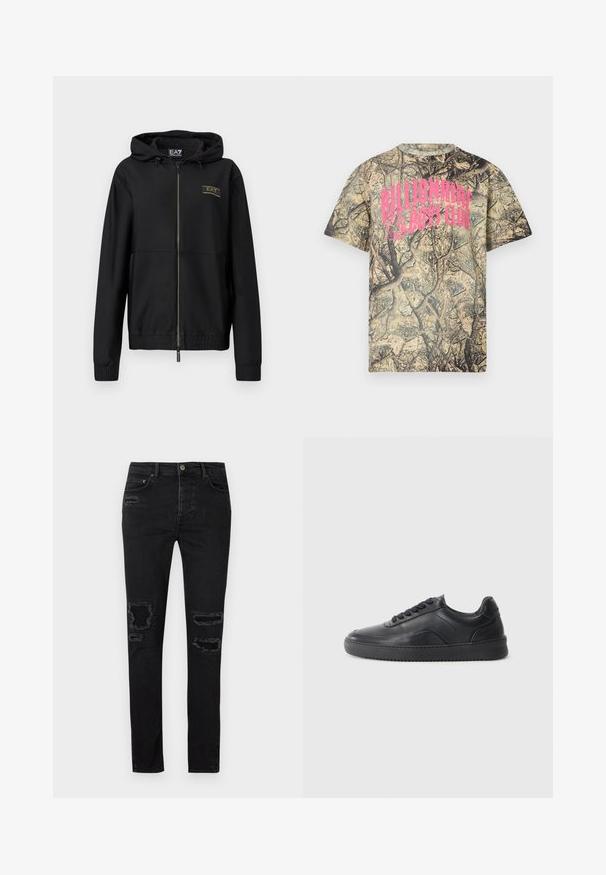 Sort lynlåstrøje med tekstureret stof, fast hætte, elastiske manchetter og linning. Har et gyldent logodetalje på brystet.; Bomulds-T-shirt med camouflage mønster i jordfarver og stor lyserød tekst "Billionaire Boys Club" på brystet.; Sorte denimjeans i slim fit med slidte revner ved knæene, tonale syninger og klassisk knap- og lynlåslukning.; Sorte lædersneakers med en glat finish, rund tå, struktureret sidelæder og sorte snørebånd. Har en flad gummisål og et minimalistisk design.